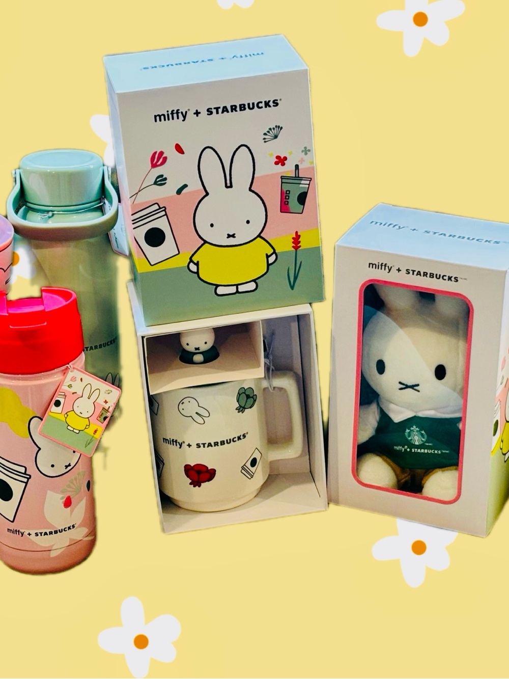 Starbucks Miffy Collection Pink Yellow Green Plush Mug & Bottles